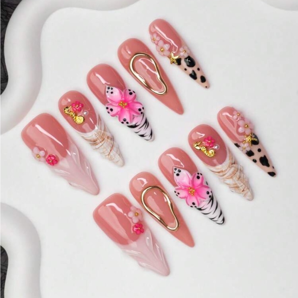 Safari Blush Pink 3D Flower Zebra Leopard Press On Nails